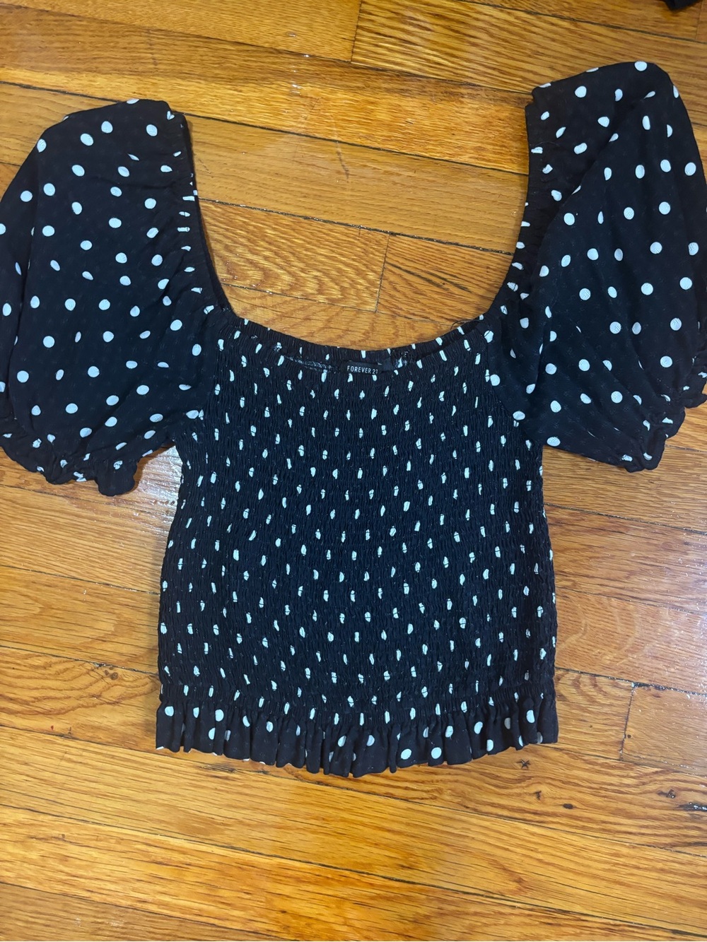 Forever 21 Black Polka Dot Smocked Puff Sleeve Crop Top